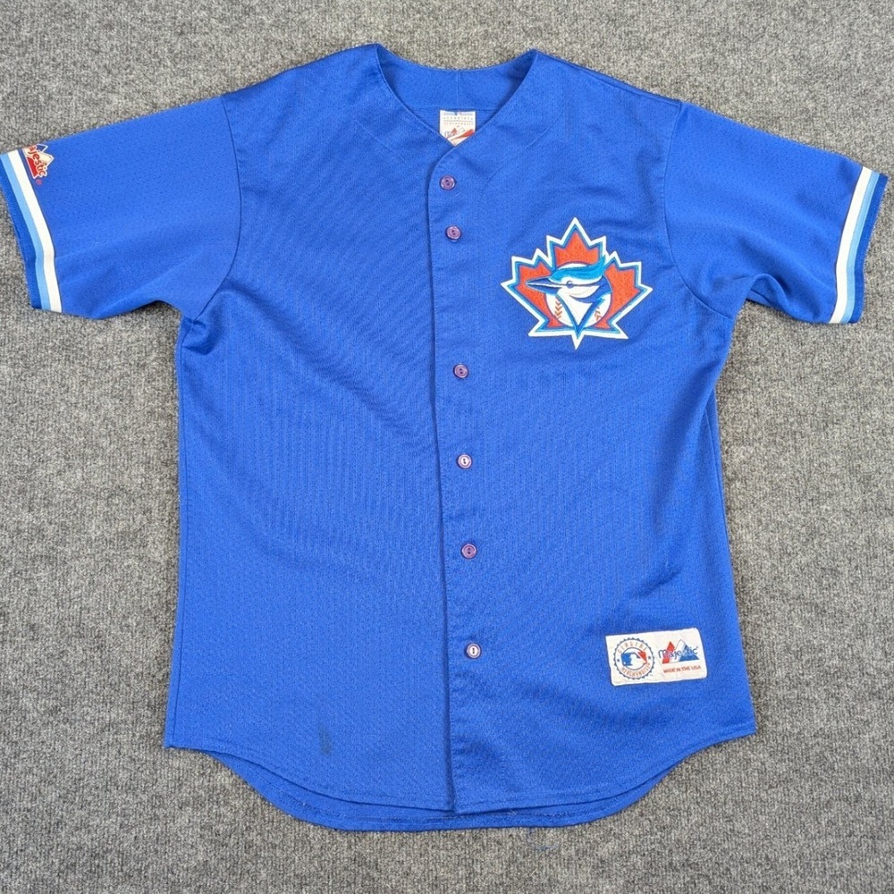 Majestic Toronto Blue Jays MLB Jersey Blue Mesh Button Up Made in USA Mens L